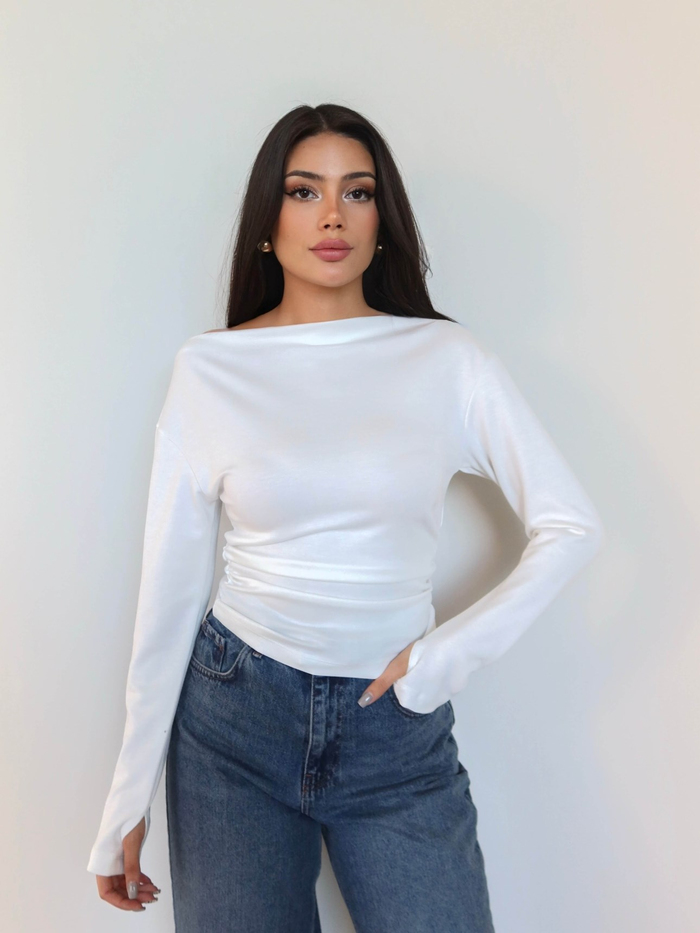 Kayık Yaka Bel Büzgülü Bluz