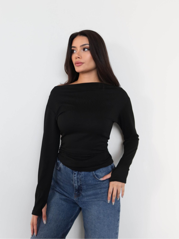 Kayık Yaka Bel Büzgülü Bluz