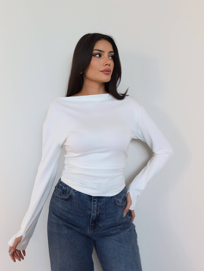 Kayık Yaka Bel Büzgülü Bluz
