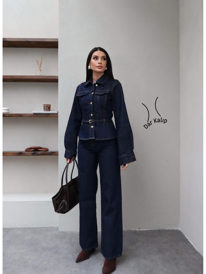 Kemerli Denim Ceket Pantolon Takım