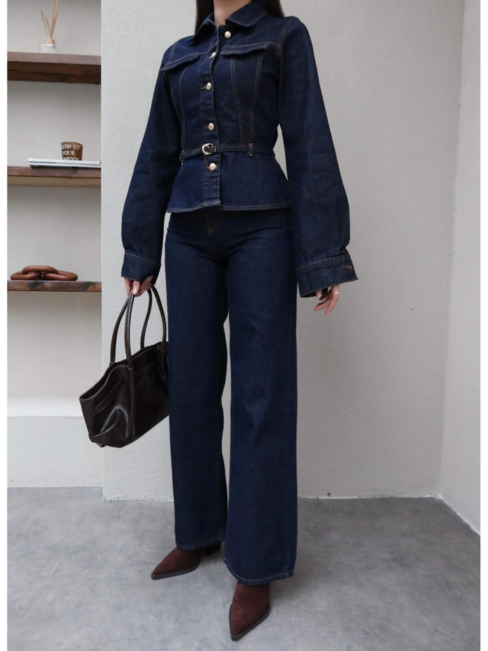 Kemerli Denim Ceket Pantolon Takım