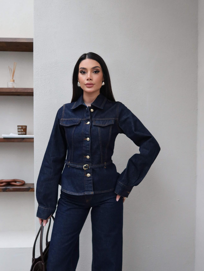 Kemerli Denim Ceket Pantolon Takım