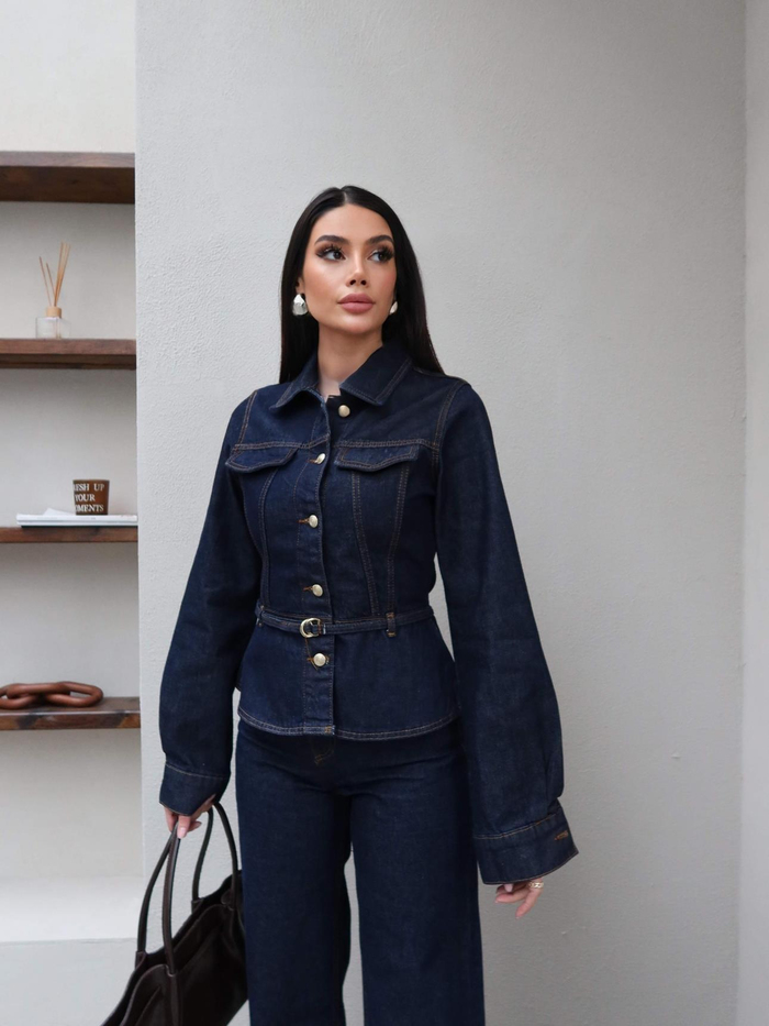 Kemerli Denim Ceket Pantolon Takım