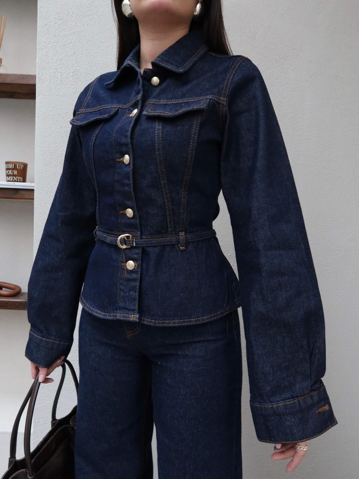 Kemerli Denim Ceket Pantolon Takım