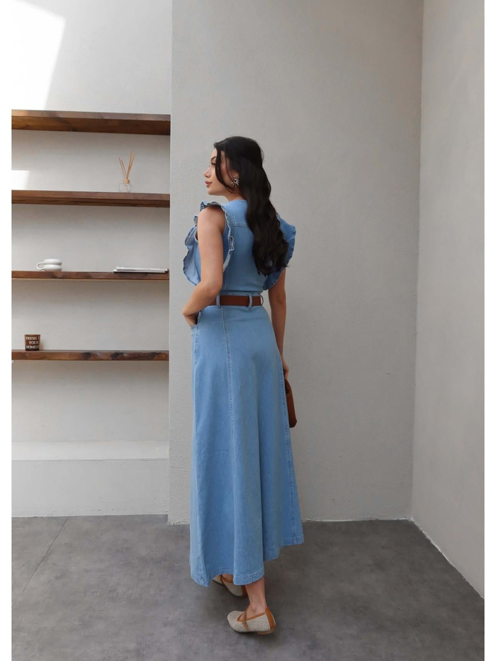 Kemerli Fırfır Detay Denim Elbise