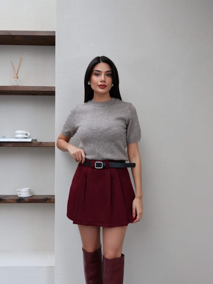 Kemerli Kısa Kaşe Şort Etek