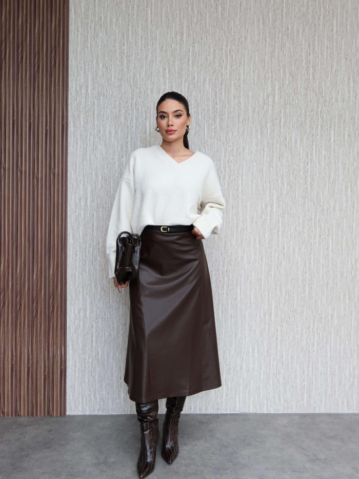 Kemerli Midi Deri Etek