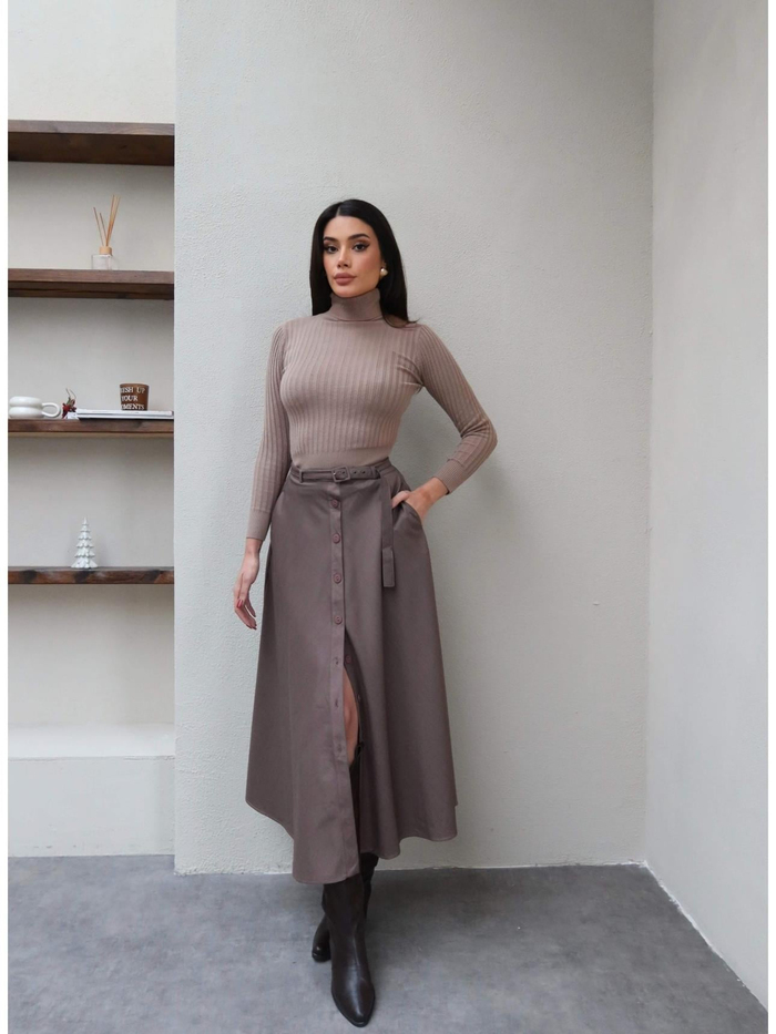 Kemerli Ön Düğmeli Kloş Etek