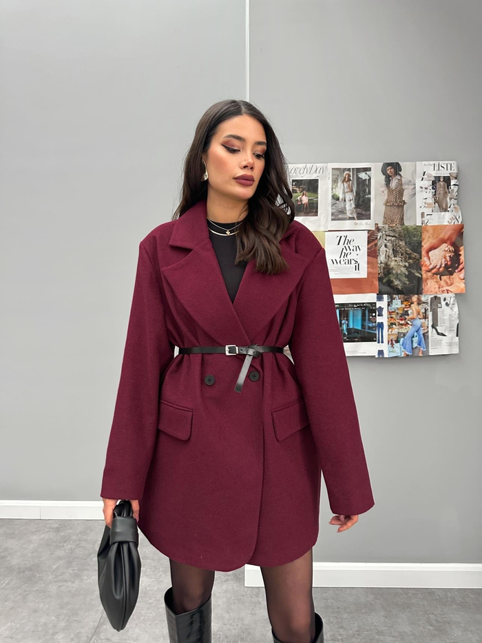 Kemerli Oversize Uzun Kaşe Ceket