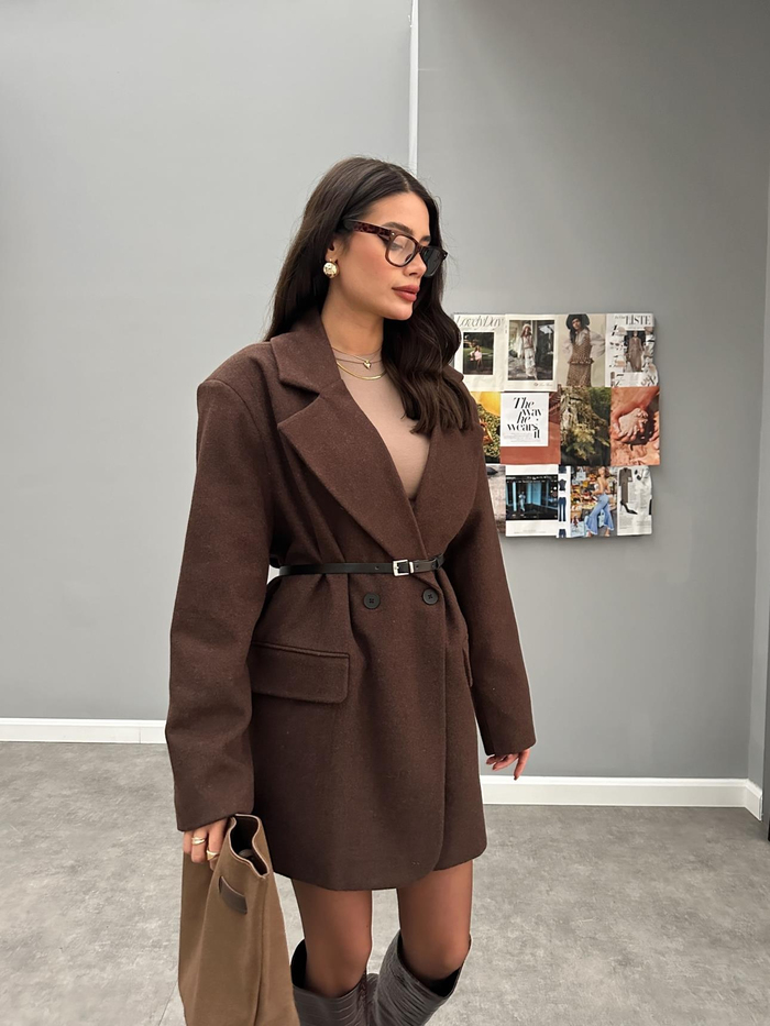 Kemerli Oversize Uzun Kaşe Ceket
