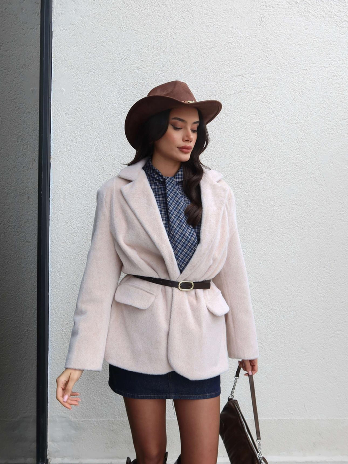Kemerli Peluş Blazer Ceket