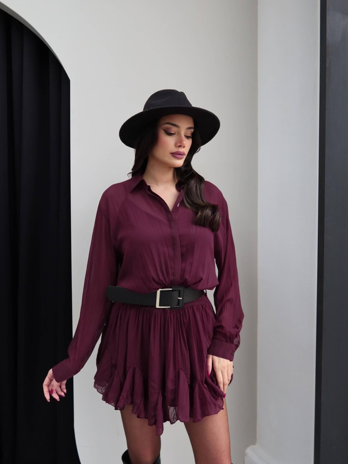 Kemerli Piliseli Şifon Mini Elbise