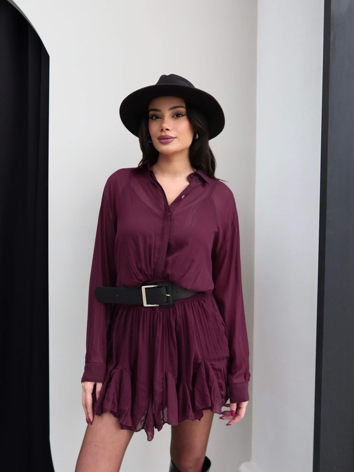 Kemerli Piliseli Şifon Mini Elbise