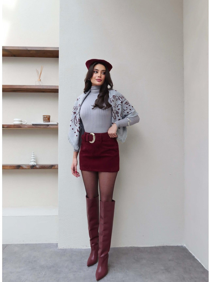 Kemerli Süet Mini Şortlu Etek