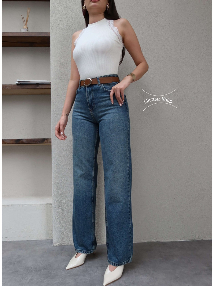 Kemerli Yüksek Bel Straight Jean