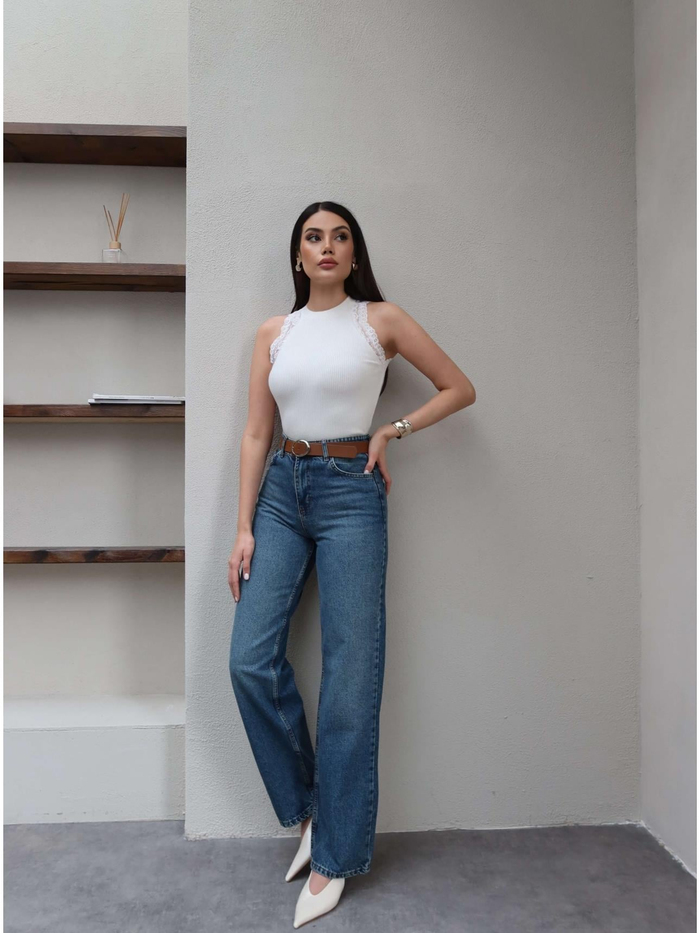 Kemerli Yüksek Bel Straight Jean