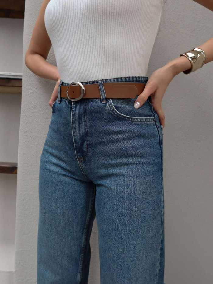 Kemerli Yüksek Bel Straight Jean