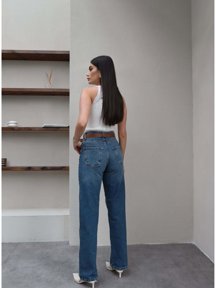 Kemerli Yüksek Bel Straight Jean