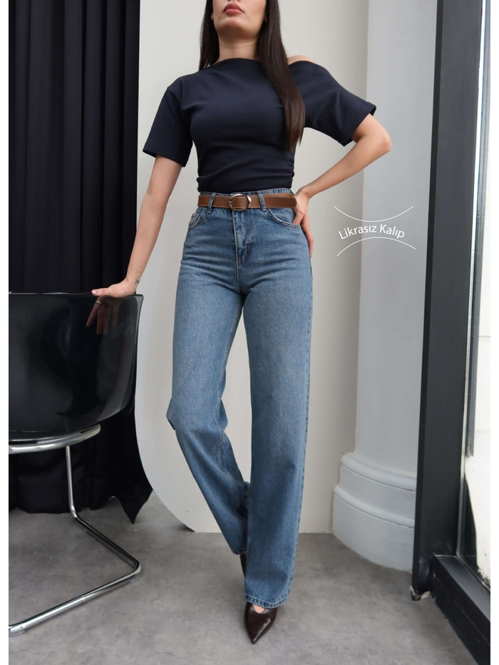 Kemerli Yüksek Bel Straight Jean
