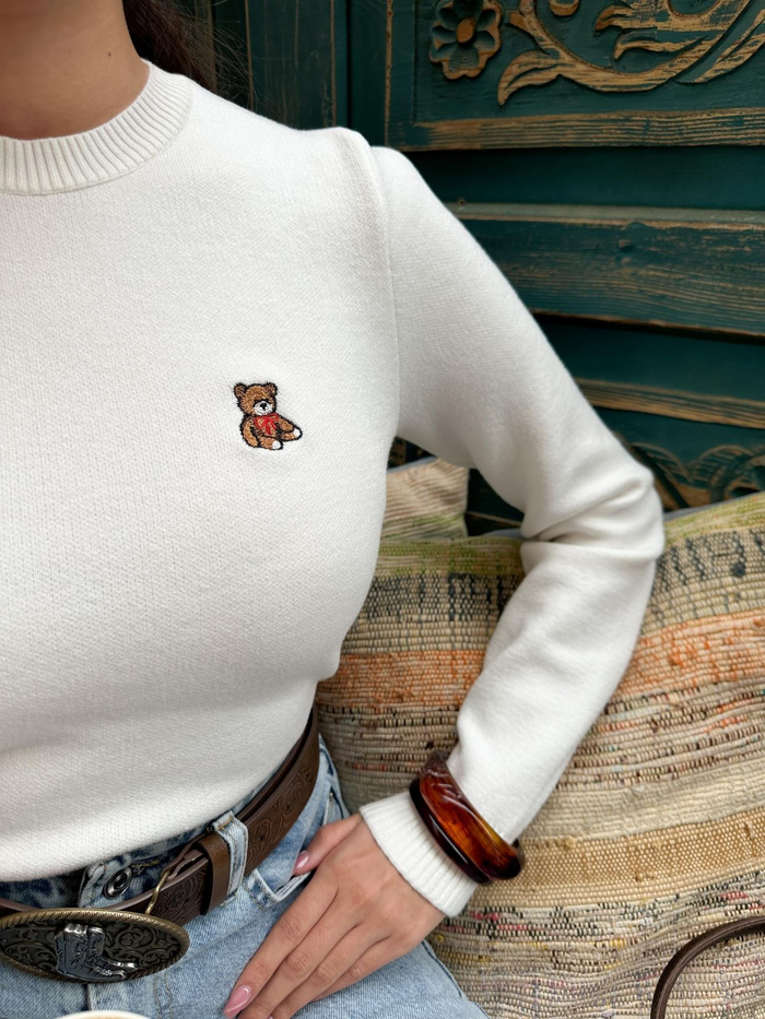 Kemik Teddy Bear Nakışlı Triko Kazak