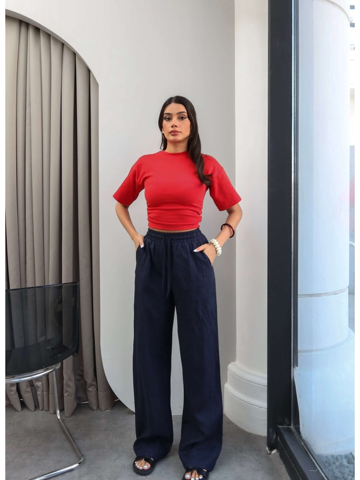 Keten Karışımlı Geniş Paça Pantolon