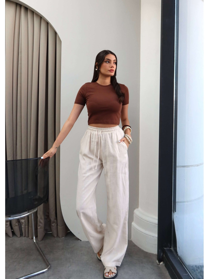 Keten Karışımlı Geniş Paça Pantolon