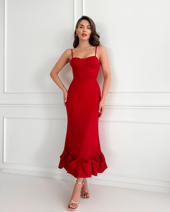 Kırmızı Alt Frilly Fitted Elbise