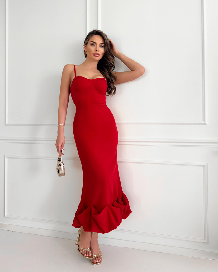 Kırmızı Alt Frilly Fitted Elbise