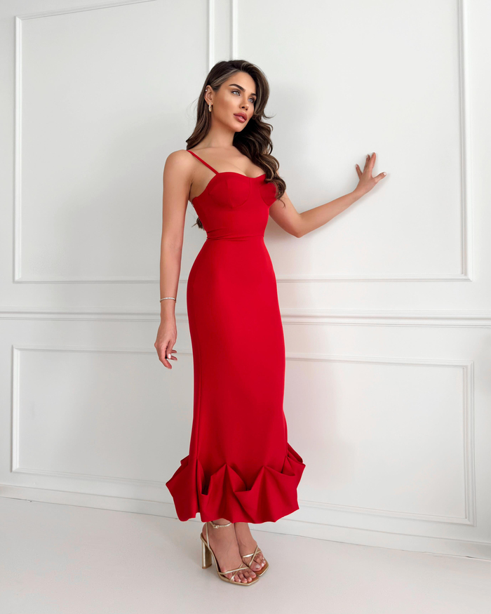 Kırmızı Alt Frilly Fitted Elbise