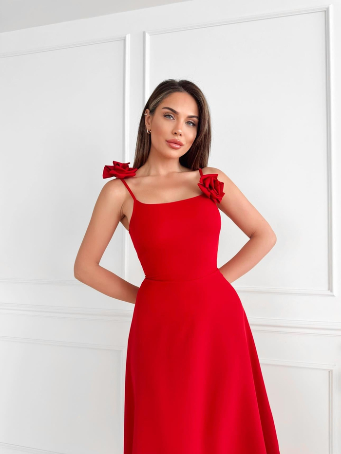 Kırmızı Askısında Rose Detail Midi Elbise