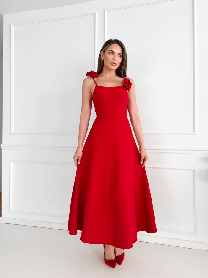 Kırmızı Askısında Rose Detail Midi Elbise