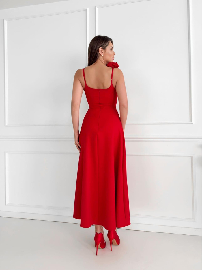 Kırmızı Askısında Rose Detail Midi Elbise