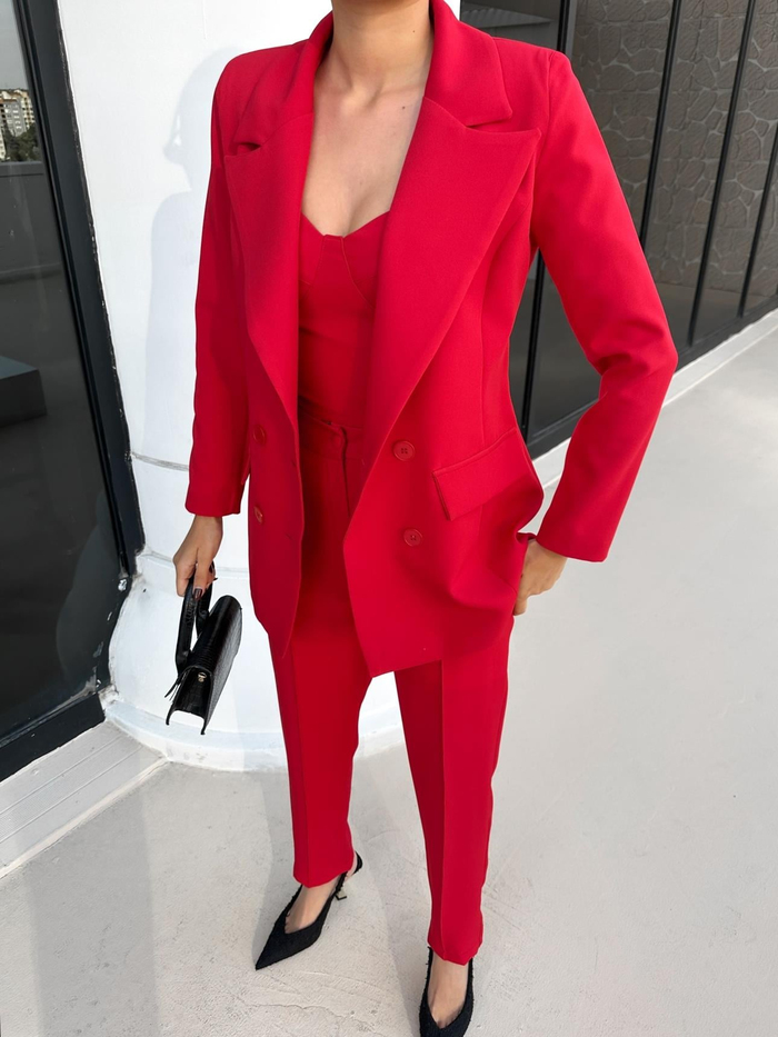 Kırmızı Klasik Blazer Üçlü Takım