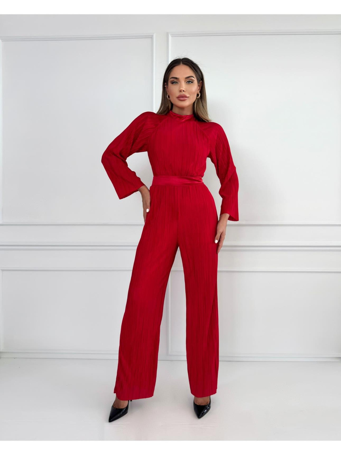 Kırmızı Uzun Kol Pilise Tulum