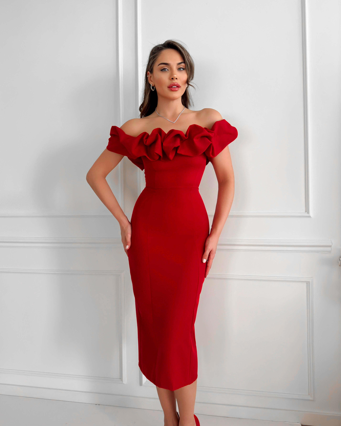 Kırmızı Yaka Frilly Fitted Elbise