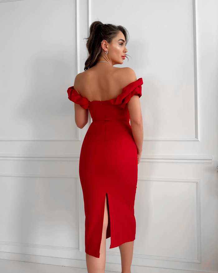 Kırmızı Yaka Frilly Fitted Elbise