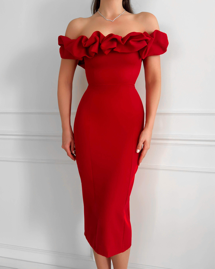 Kırmızı Yaka Frilly Fitted Elbise