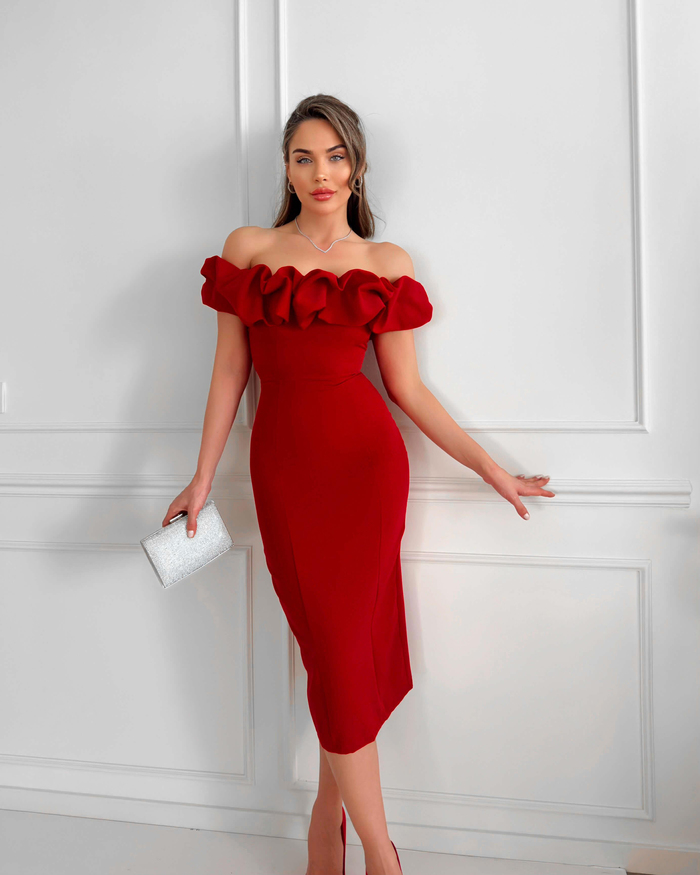 Kırmızı Yaka Frilly Fitted Elbise