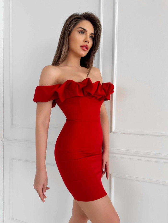 Kırmızı Yaka Frilly Fitted  Mini Elbise