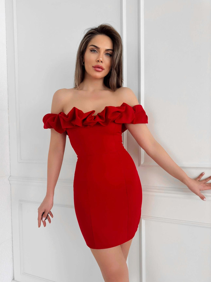 Kırmızı Yaka Frilly Fitted  Mini Elbise