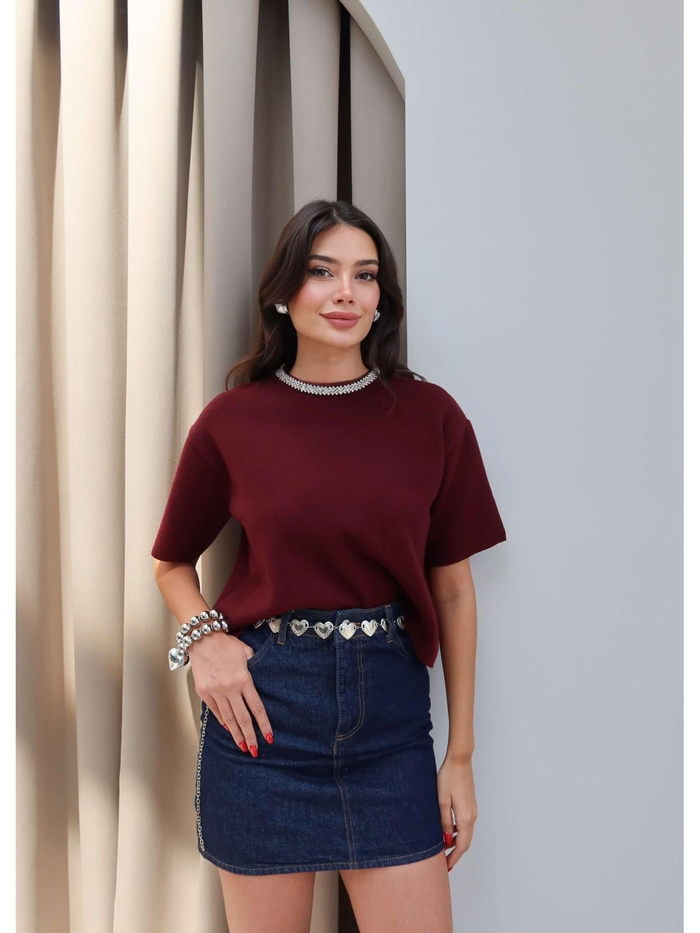 Kısa Kol Yaka Taşlı Triko