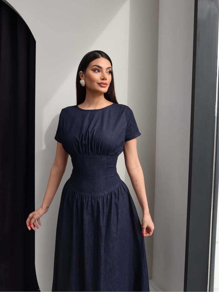 Kısa Kollu Denim Pileli Midi Elbise
