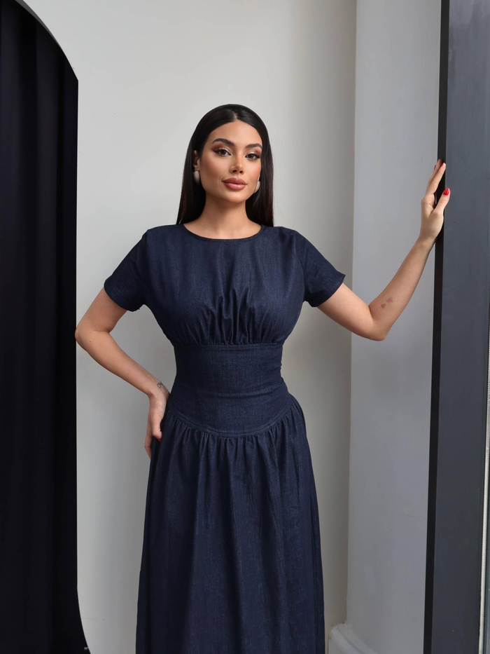 Kısa Kollu Denim Pileli Midi Elbise