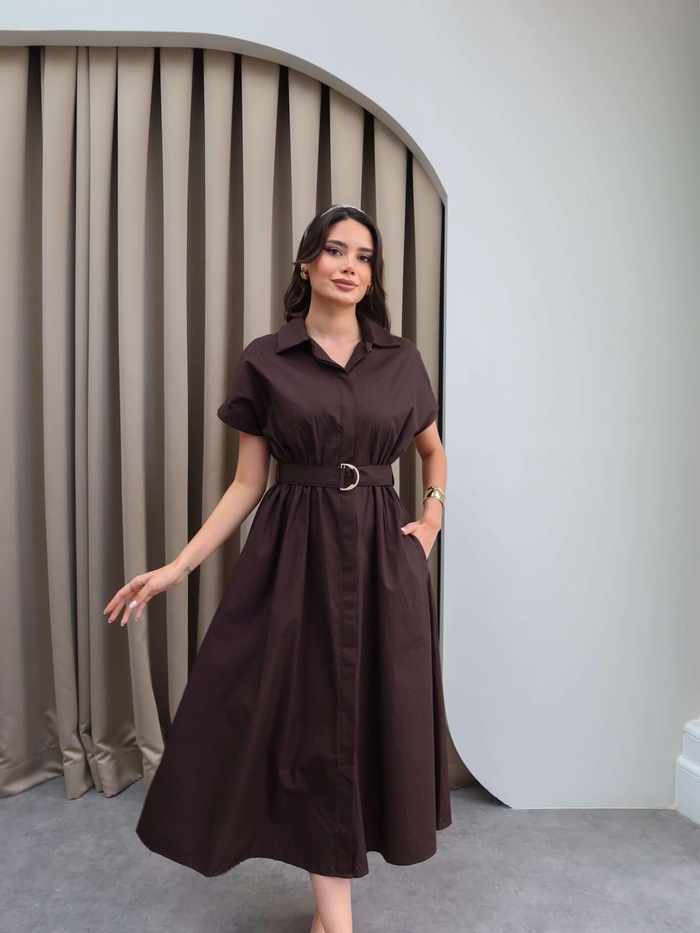 Kısa Kollu Poplin Kumaş Kuşaklı Gömlek Elbise