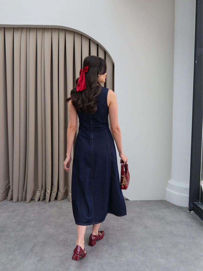 Kolsuz Denim Midi Elbise