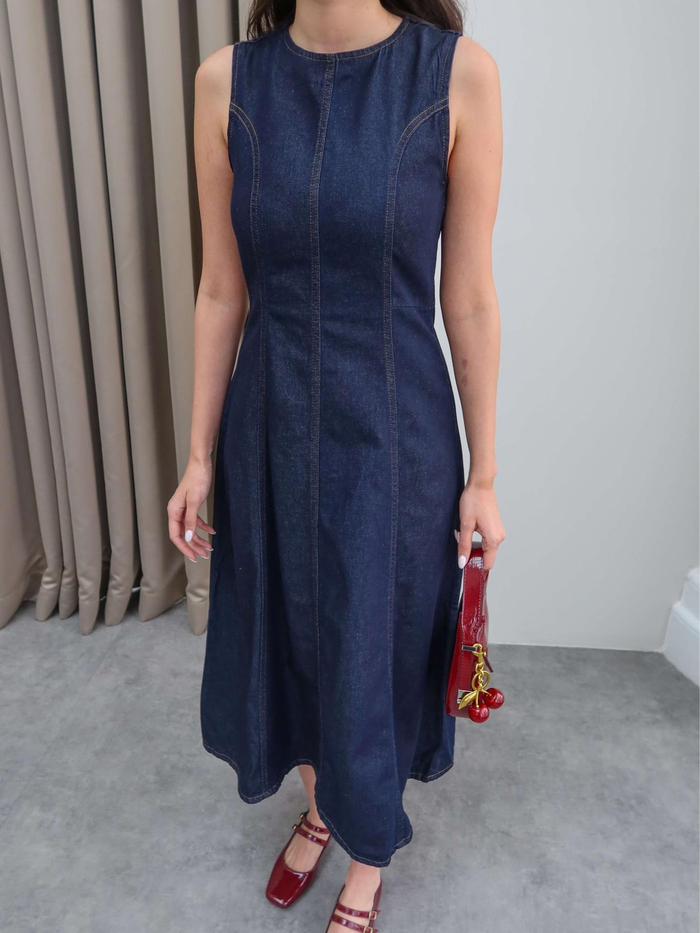 Kolsuz Denim Midi Elbise