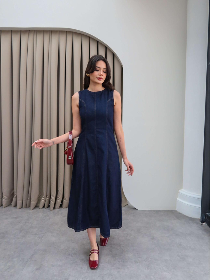 Kolsuz Denim Midi Elbise