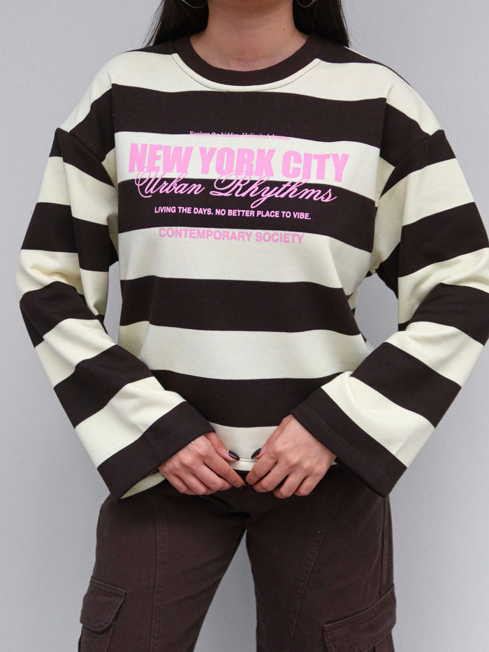 Kontrast Çizgili Baskılı Sweatshirt