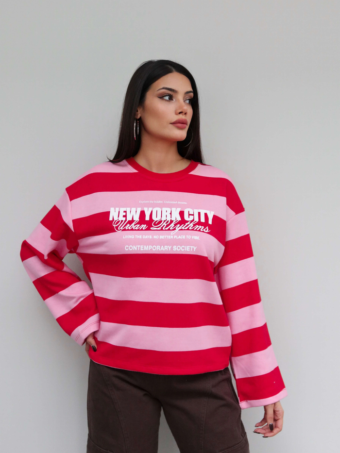 Kontrast Çizgili Baskılı Sweatshirt