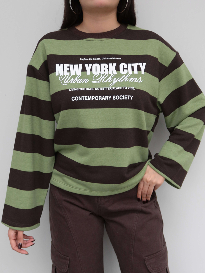 Kontrast Çizgili Baskılı Sweatshirt